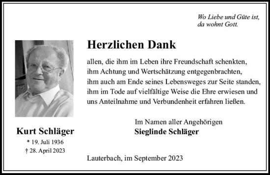 Traueranzeige von Kurt Schläger von VRM Trauer