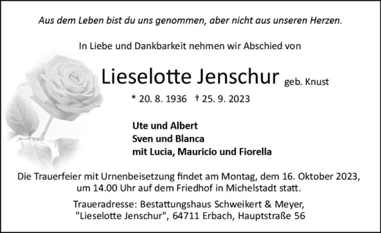 Traueranzeige von Lieselotte Jenschur von Odenwälder Echo