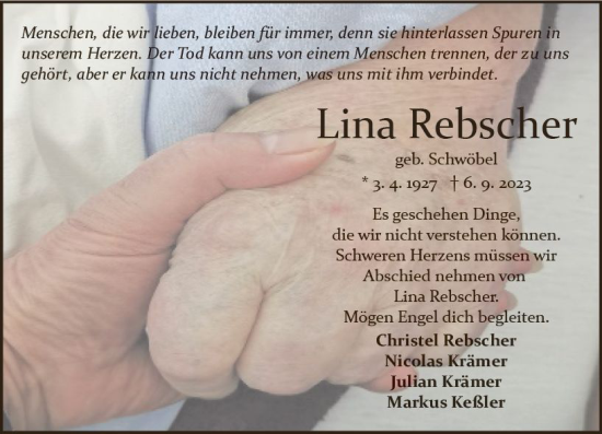 Traueranzeige von Lina Rebscher von Odenwälder Echo