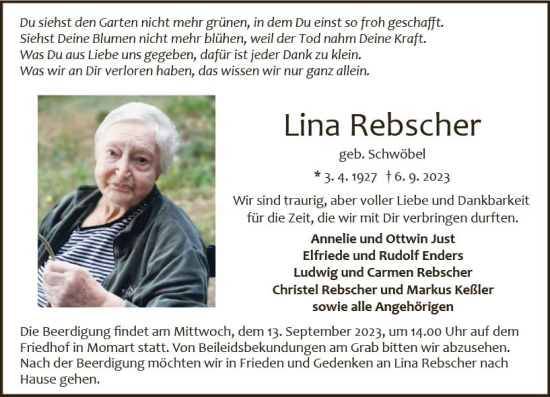 Traueranzeige von Lina Rebscher von Odenwälder Echo