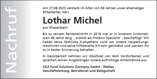 Traueranzeige von Lothar Michel von Hinterländer Anzeiger