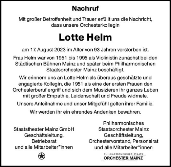 Traueranzeige von Lotte Helm von Allgemeine Zeitung Mainz