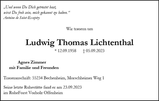 Traueranzeige von Ludwig Thomas Lichtenthal von Allgemeine Zeitung Alzey