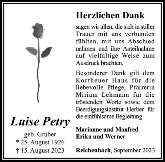 Traueranzeige von Luise Petry von Camberger Anzeiger