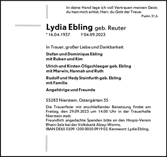 Traueranzeige von Lydia Ebling von Allgemeine Zeitung Mainz