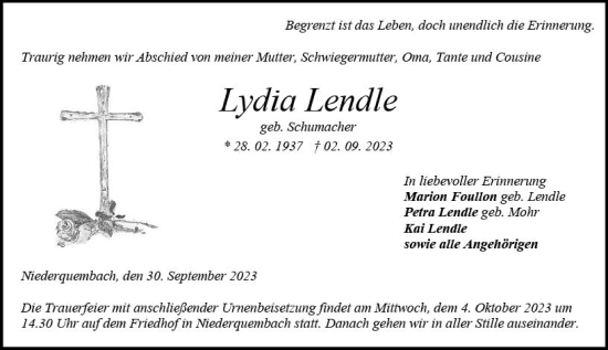 Traueranzeige von Lydia Lendle von Wetzlarer Neue Zeitung