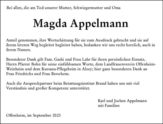 Traueranzeige von Magda Appelmann von Allgemeine Zeitung Alzey