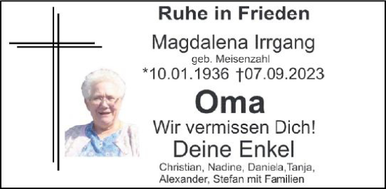 Traueranzeige von Magdalena Irrgang von Allgemeine Zeitung Mainz