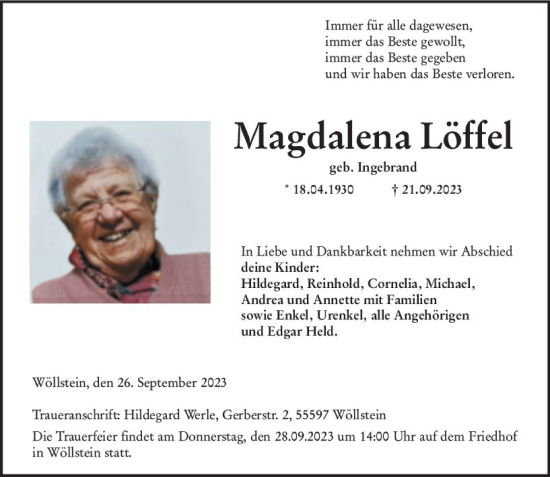 Traueranzeige von Magdalena Löffel von Allgemeine Zeitung Alzey