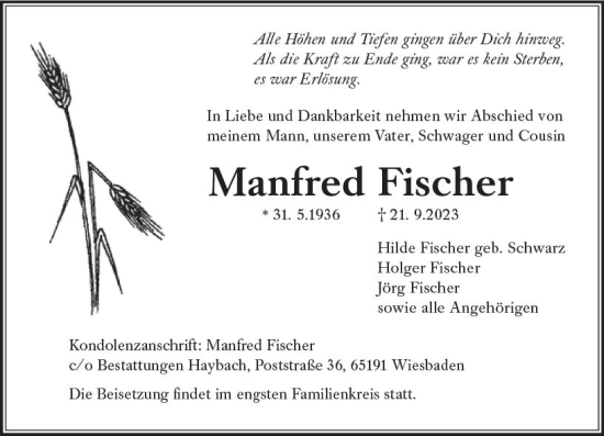 Traueranzeige von Manfred Fischer von Wiesbadener Kurier