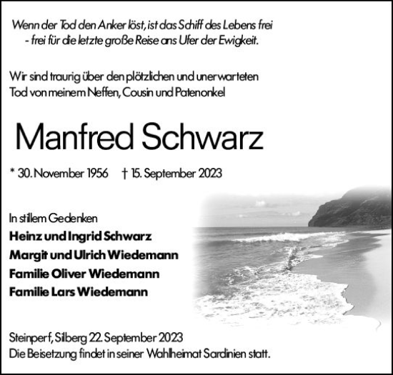 Traueranzeige von Manfred Schwarz von Hinterländer Anzeiger
