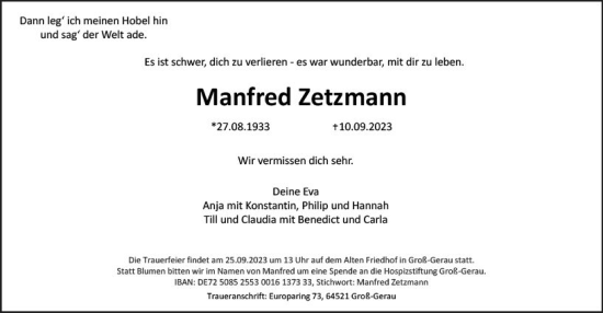 Traueranzeige von Manfred Zetzmann von Groß-Gerauer Echo