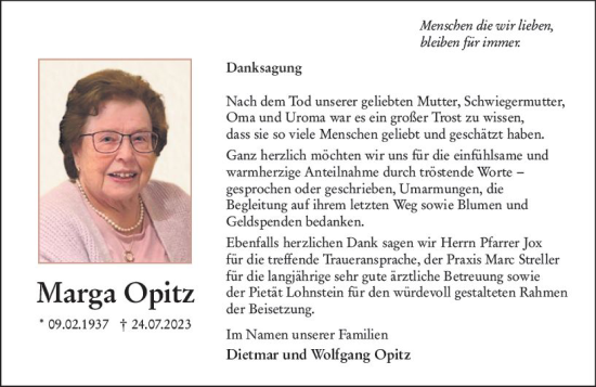 Traueranzeige von Marga Opitz von Wetzlarer Neue Zeitung
