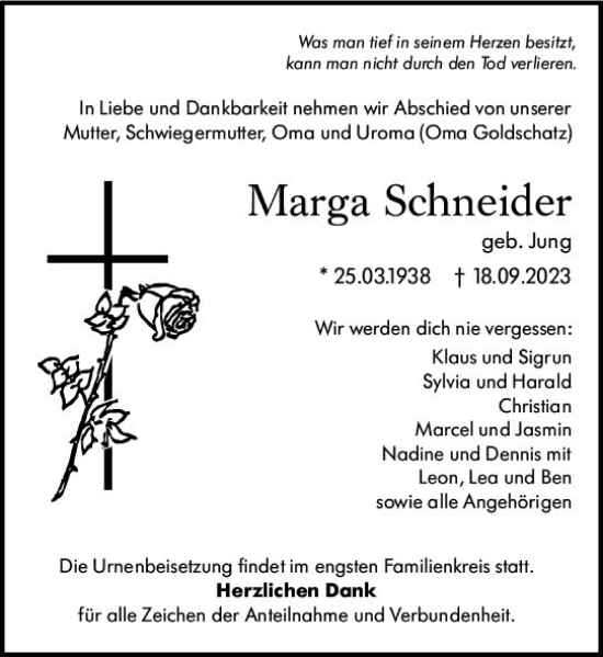 Traueranzeige von Marga Schneider von Wetzlarer Neue Zeitung