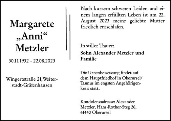 Traueranzeige von Margarete Metzler von Darmstädter Echo