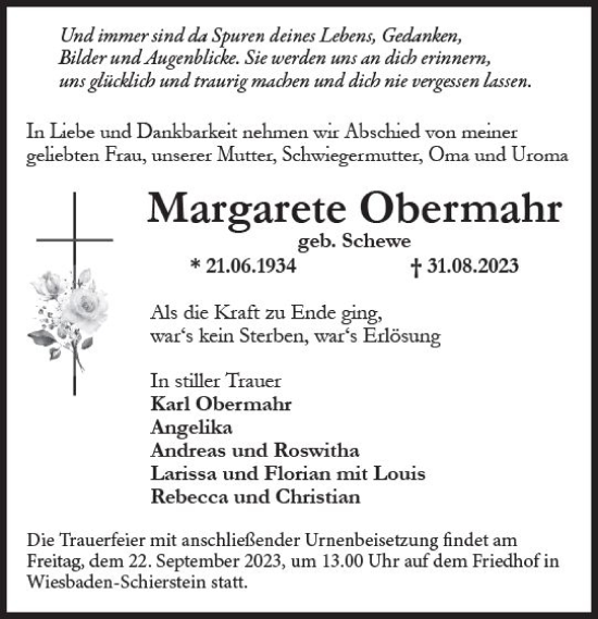 Traueranzeige von Margarete Obermahr von Wiesbadener Kurier