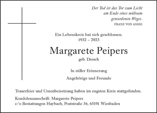 Traueranzeige von Margarete Peipers von Wiesbadener Kurier
