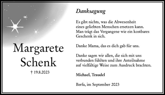 Traueranzeige von Margarete Schenk von Oberhessen Kurier