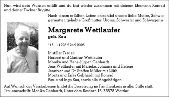 Traueranzeige von Margarete Wettlaufer von Wetzlarer Neue Zeitung