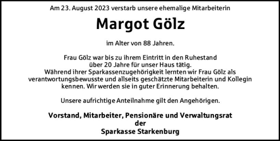 Traueranzeige von Margot Gölz von Bergsträßer Anzeiger