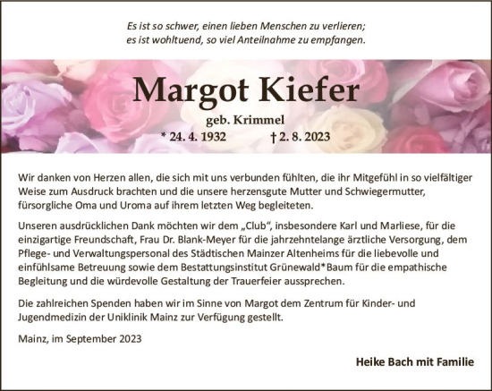 Traueranzeige von Margot Kiefer von Allgemeine Zeitung Mainz
