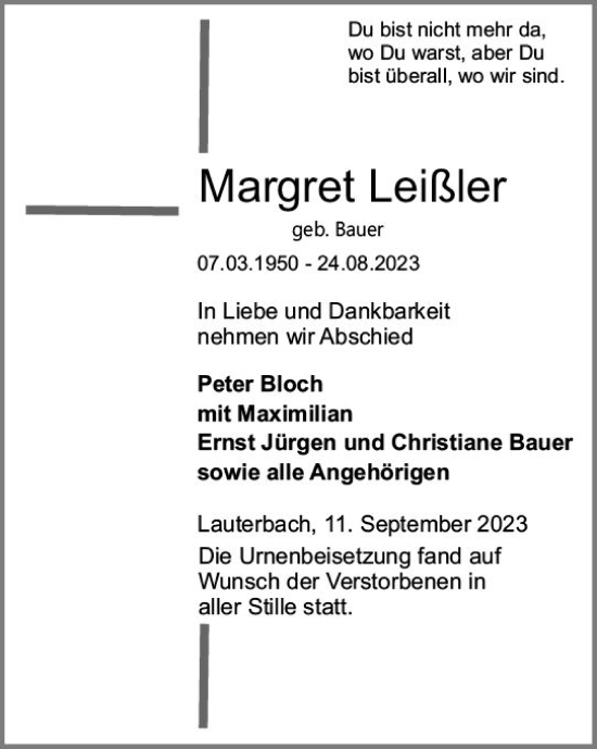 Traueranzeige von Margret Leißler von VRM Trauer