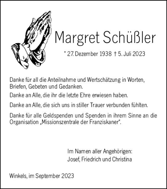 Traueranzeige von Margret Schüßler von Weilburger Tageblatt