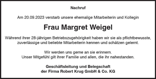 Traueranzeige von Margret Weigel von Hinterländer Anzeiger