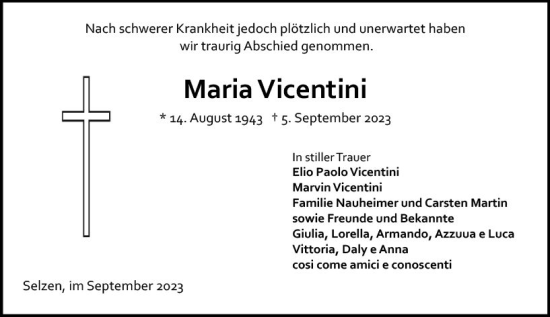 Traueranzeige von Maria Vicentini von Allgemeine Zeitung Mainz