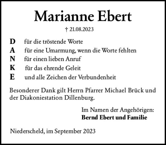 Traueranzeige von Marianne Ebert von Dill Block
