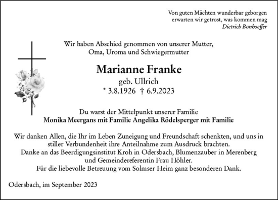Traueranzeige von Marianne Franke von Weilburger Tageblatt