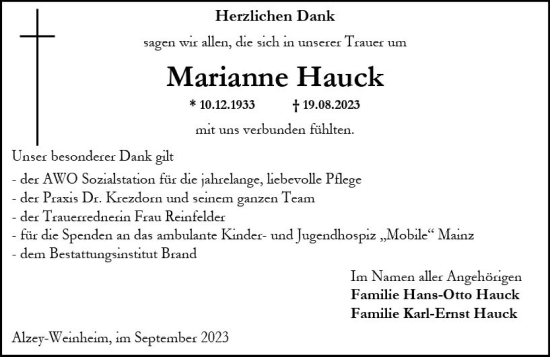 Traueranzeige von Marianne Hauck von Allgemeine Zeitung Alzey