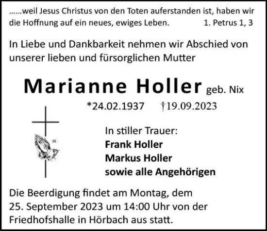 Traueranzeige von Marianne Holler von Dill Block