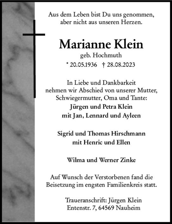 Traueranzeige von Marianne Klein von Rüsselsheimer Echo