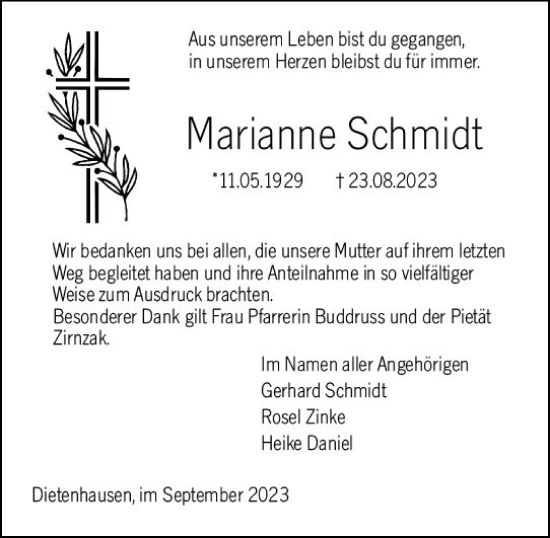 Traueranzeige von Marianne Schmidt von Weilburger Tageblatt