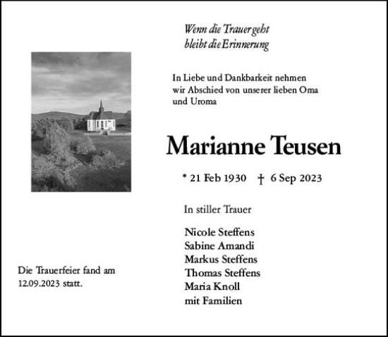 Traueranzeige von Marianne Teusen von Camberger Anzeiger