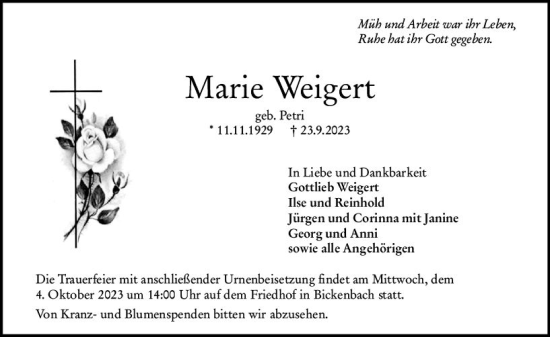 Traueranzeige von Marie Weigert von Darmstädter Echo