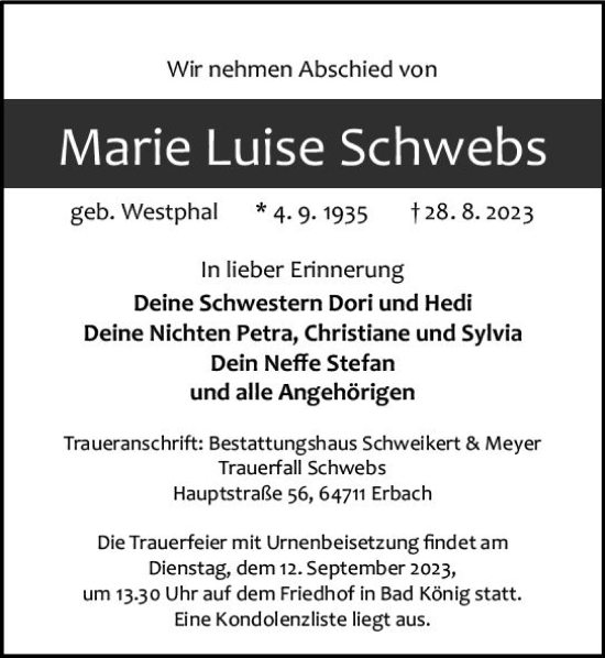 Traueranzeige von Marie Luise Schwebs von Darmstädter Echo