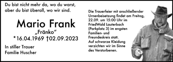 Traueranzeige von Mario Frank von VRM Trauer