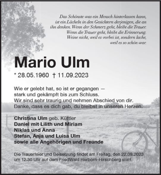 Traueranzeige von Mario Ulm von Dill Block