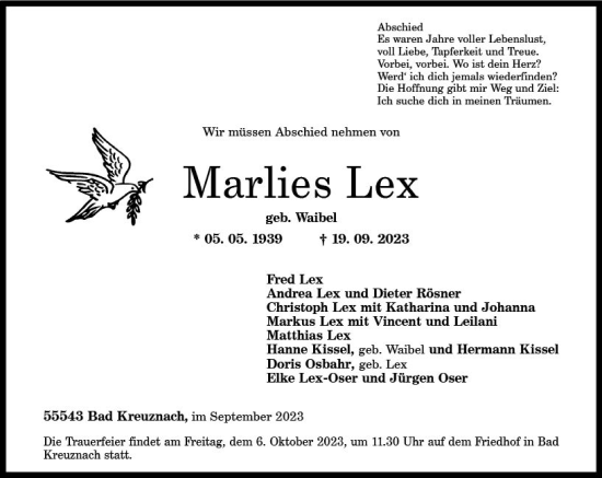 Traueranzeige von Marlies Lex von Allgemeine Zeitung Bingen/Ingelheim