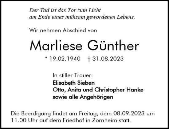 Traueranzeige von Marliese Günther von Allgemeine Zeitung Mainz