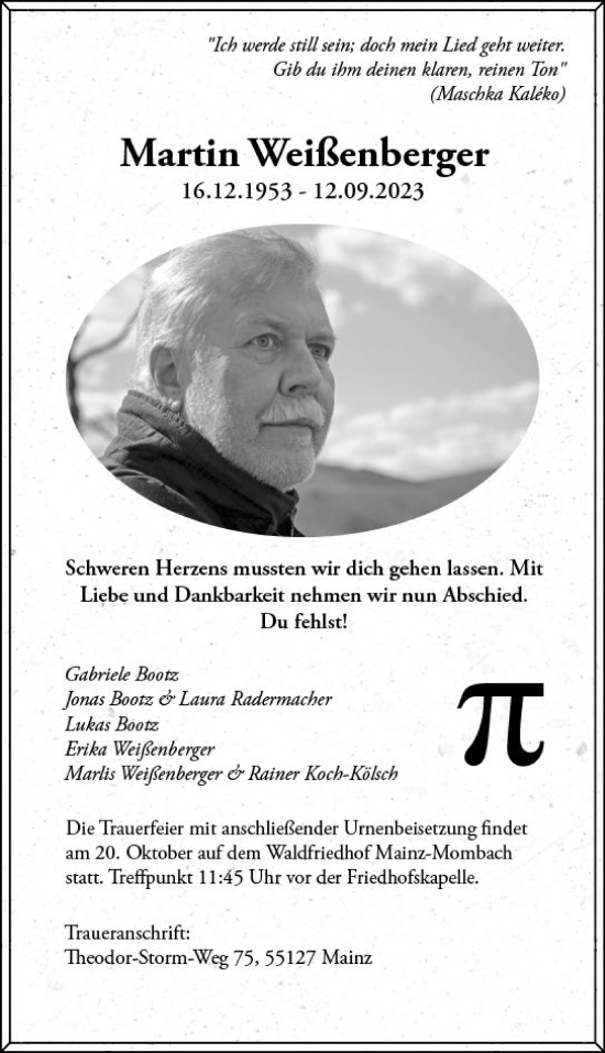 Traueranzeige von Martin Weißenberger von Wiesbadener Kurier