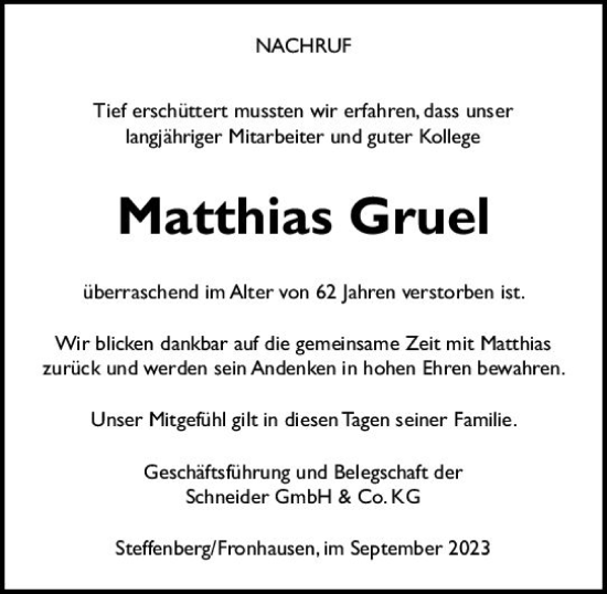 Traueranzeige von Matthias Gruel von VRM Trauer
