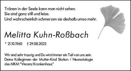 Traueranzeige von Melitta Kuhn-Roßbach von Allgemeine Zeitung Mainz