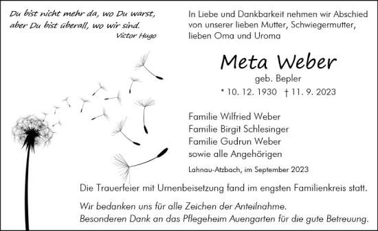 Traueranzeige von Meta Weber von Wetzlarer Neue Zeitung