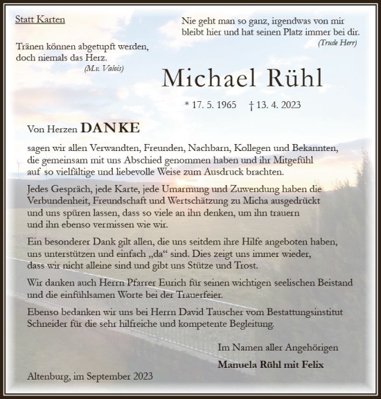 Traueranzeige von Michael Rühl von Oberhessen Kurier