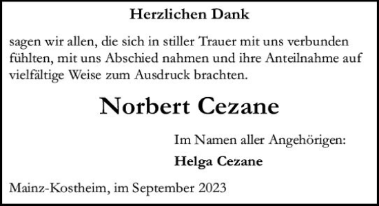 Traueranzeige von Norbert Cezane von Allgemeine Zeitung Mainz