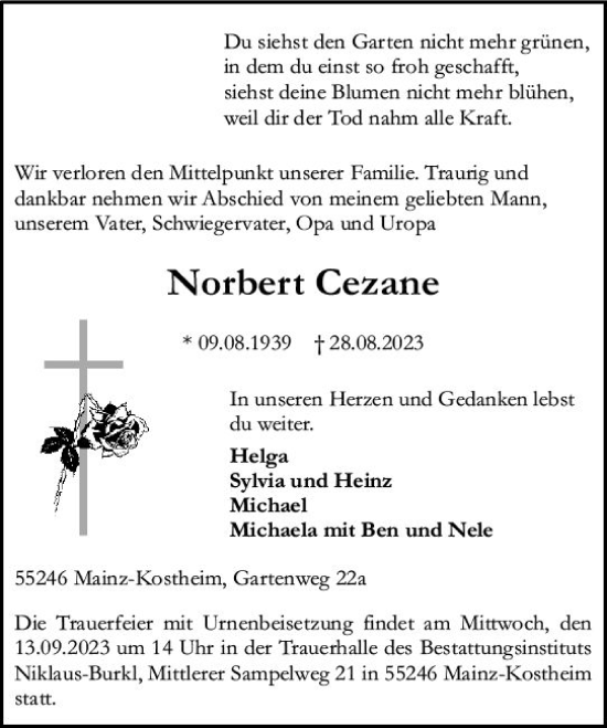 Traueranzeige von Norbert Cezane von Allgemeine Zeitung Mainz