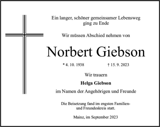 Traueranzeige von Norbert Giebson von Allgemeine Zeitung Mainz